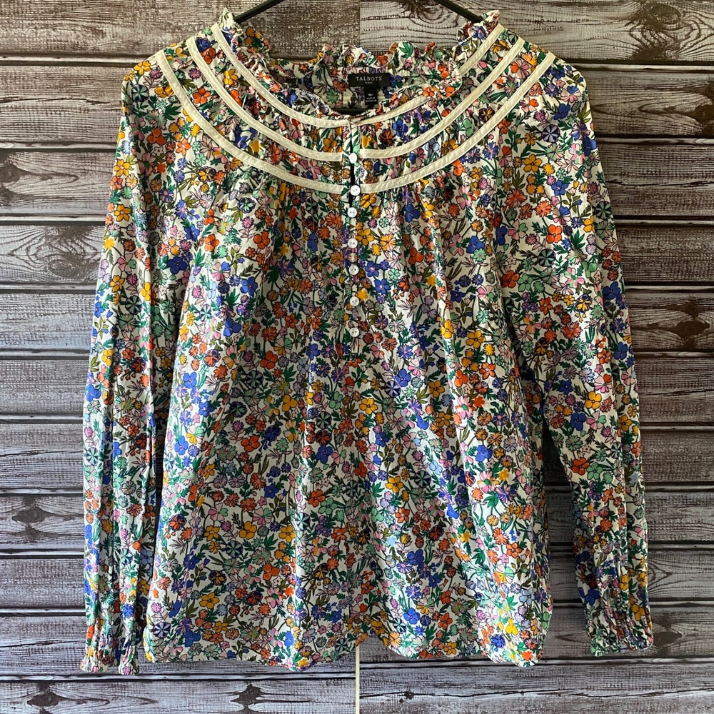 Talbots Petites‎ Women's Long-Sleeved Top Size MP White Multicolor Floral